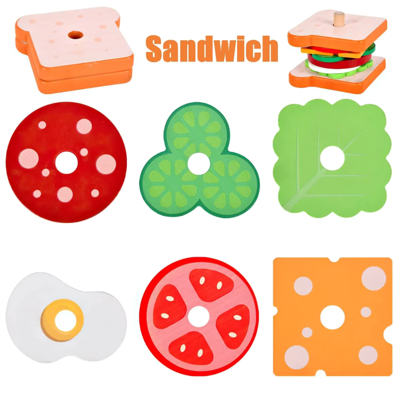 Brinquedo Educativo de Madeira Montessori – Sanduíche de Empilhar com Cartas de Comida para Crianças
