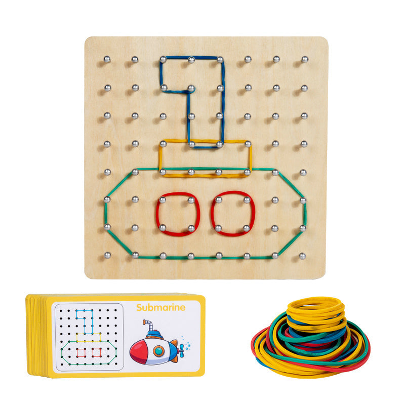 Brinquedo Montessori Geométrico em Madeira – Tabuleiro Educativo com Cartas e Elásticos Coloridos