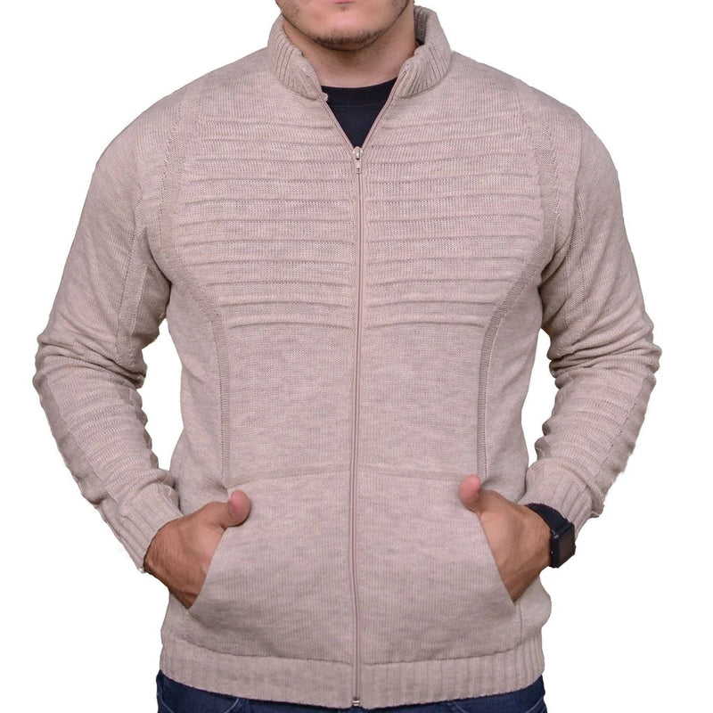 Cardigan Masculino em Tricot com Zíper Frontal e Bolsos