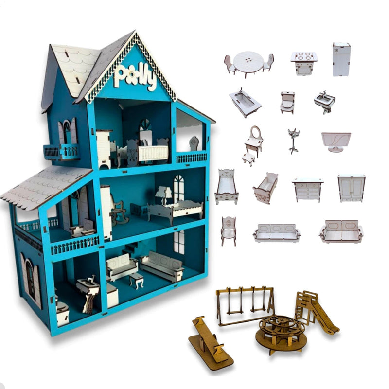 Casinha de Boneca em MDF – 19 Móveis e Parquinho Infantil Completo