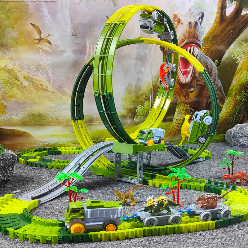 Pista Elétrica Infantil com Dinossauros – Brinquedo Educativo de Montar com Carros, Loopings e Acessórios Interativos